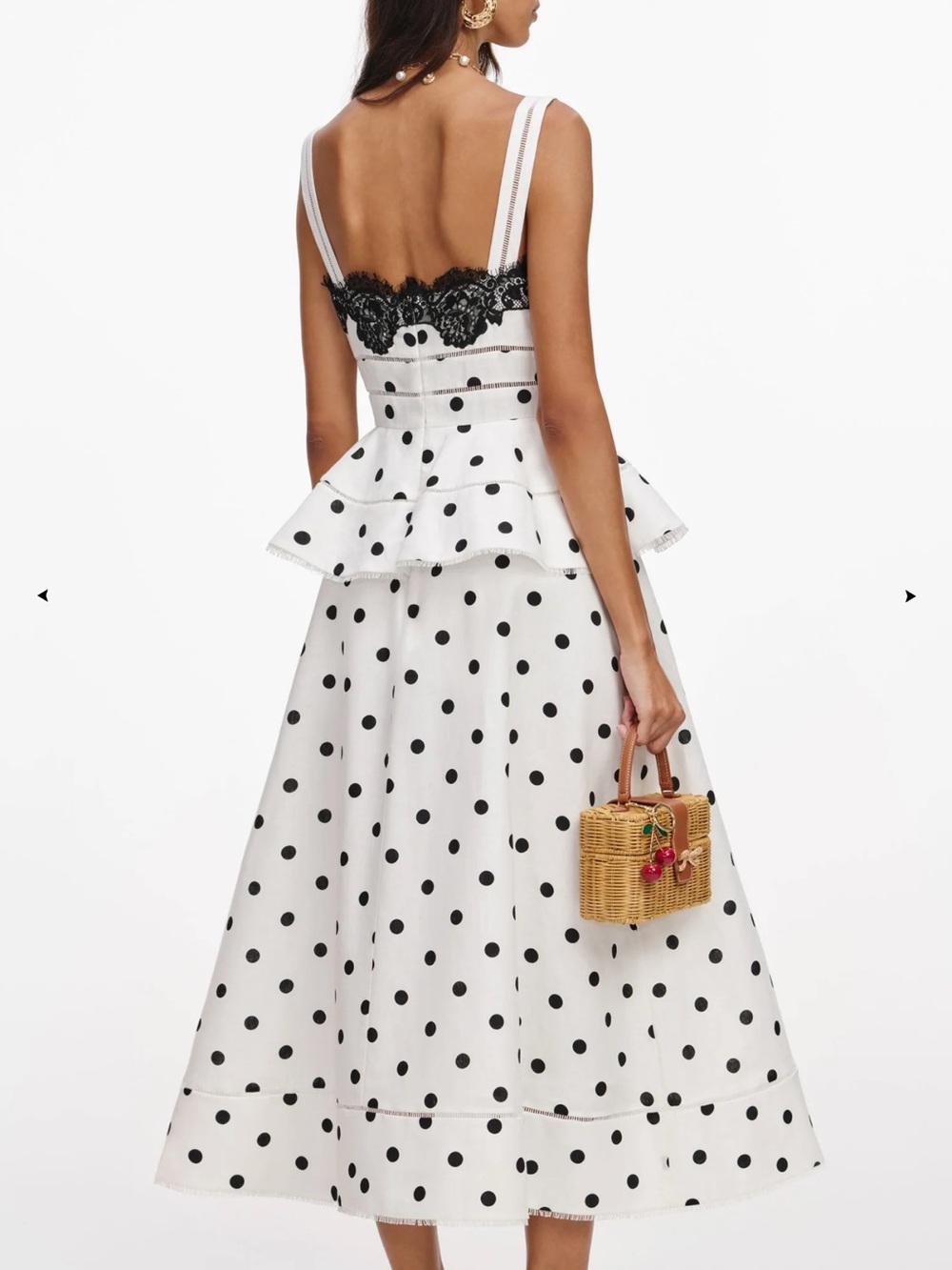Self-Portrait White Polka Dot Midi Dress with Black Lace Trim - Picture 8 of 13